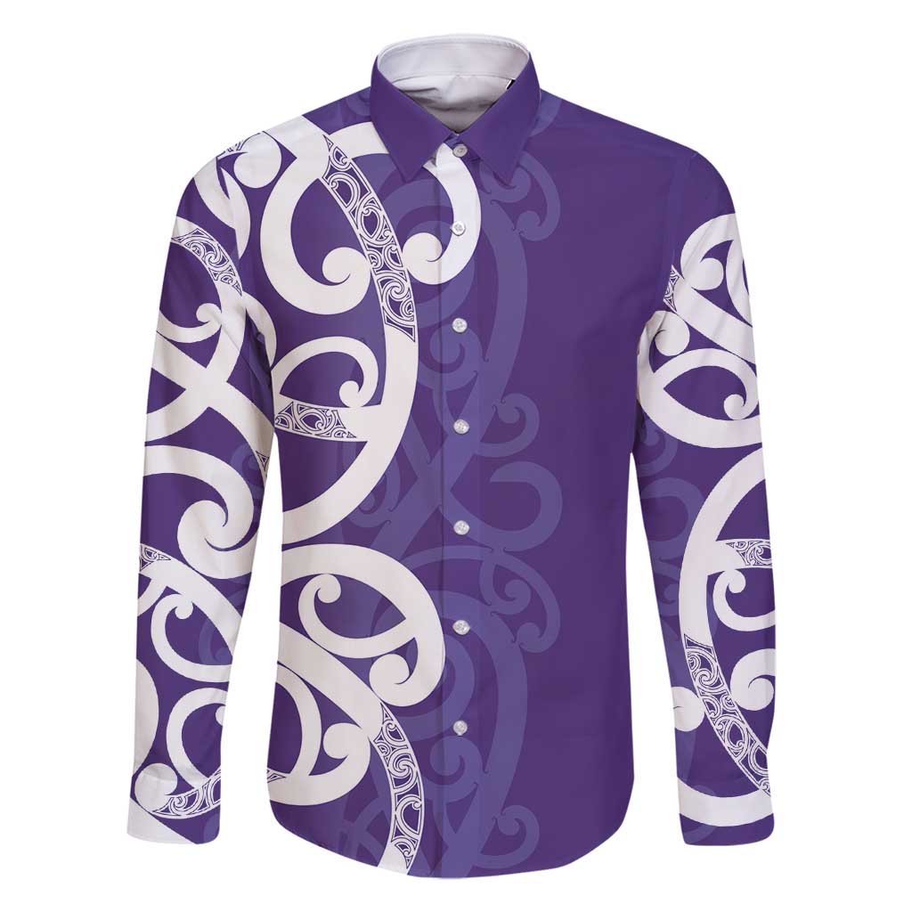 Violet Green Maori Family Matching Summer Maxi Dress and Hawaiian Shirt Koru Kowhaiwhai LT7 Dad's Shirt - Long Sleeve Violet - Polynesian Pride
