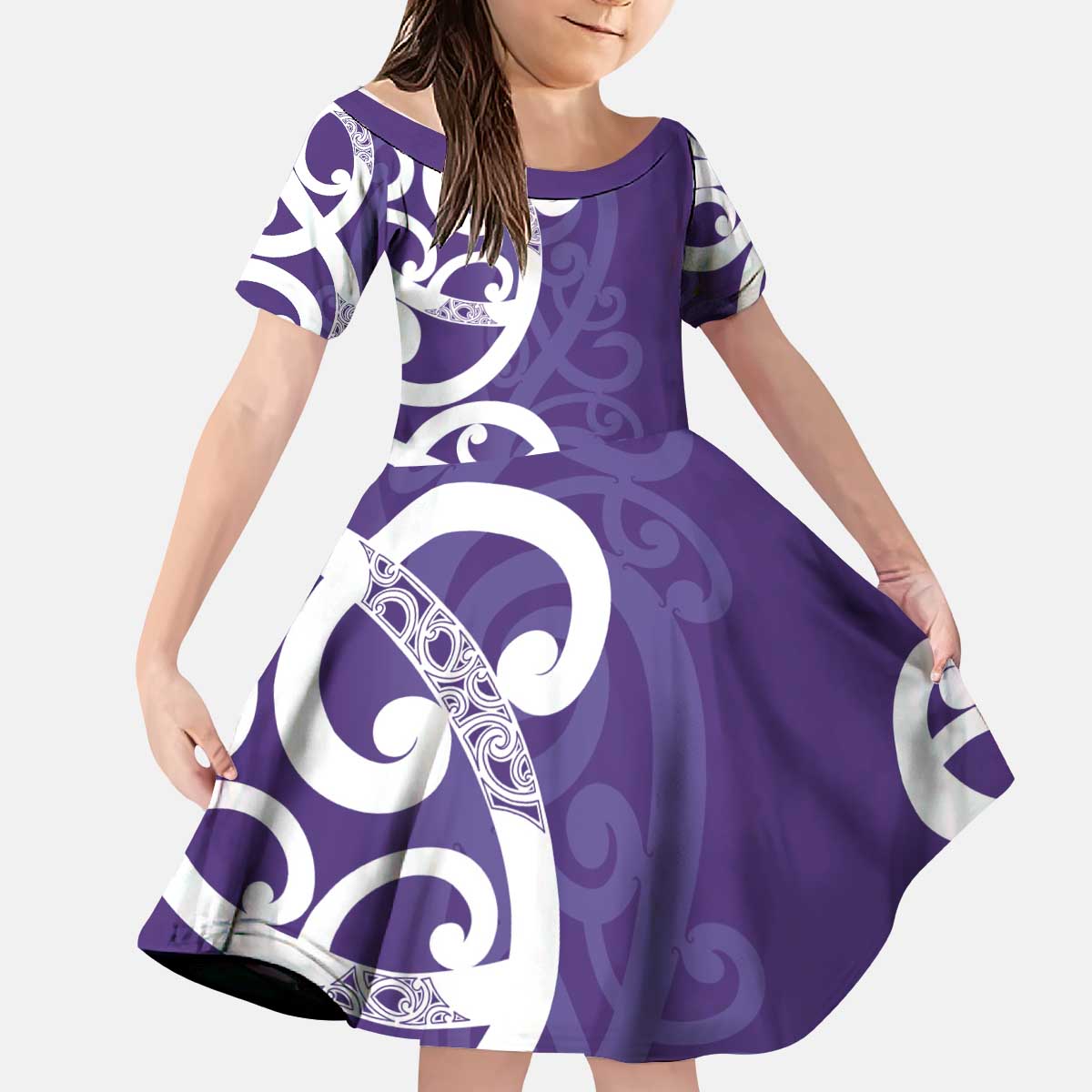 Violet Green Maori Kid Short Sleeve Dress Koru Kowhaiwhai - Polynesian Pride