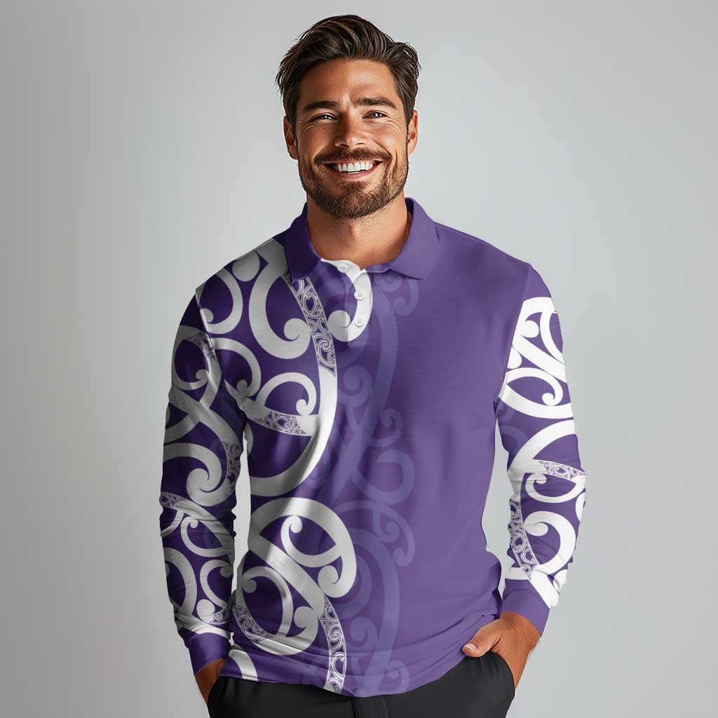 Violet Green Maori Long Sleeve Polo Shirt Koru Kowhaiwhai - Polynesian Pride
