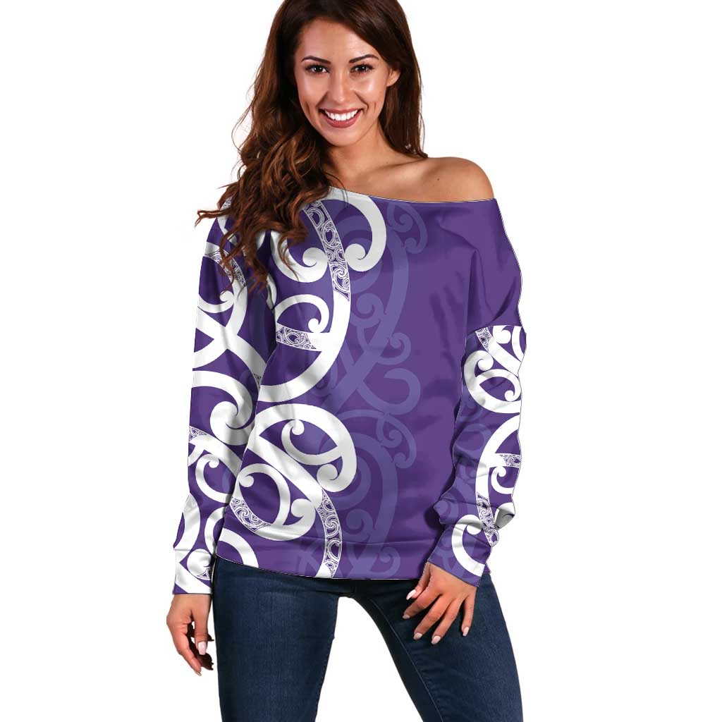 Violet Green Maori Off Shoulder Sweater Koru Kowhaiwhai - Polynesian Pride