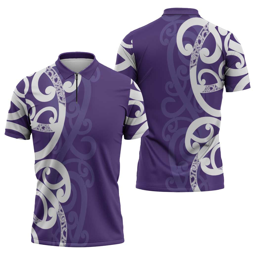 Violet Green Maori Zipper Polo Shirt Koru Kowhaiwhai - Polynesian Pride