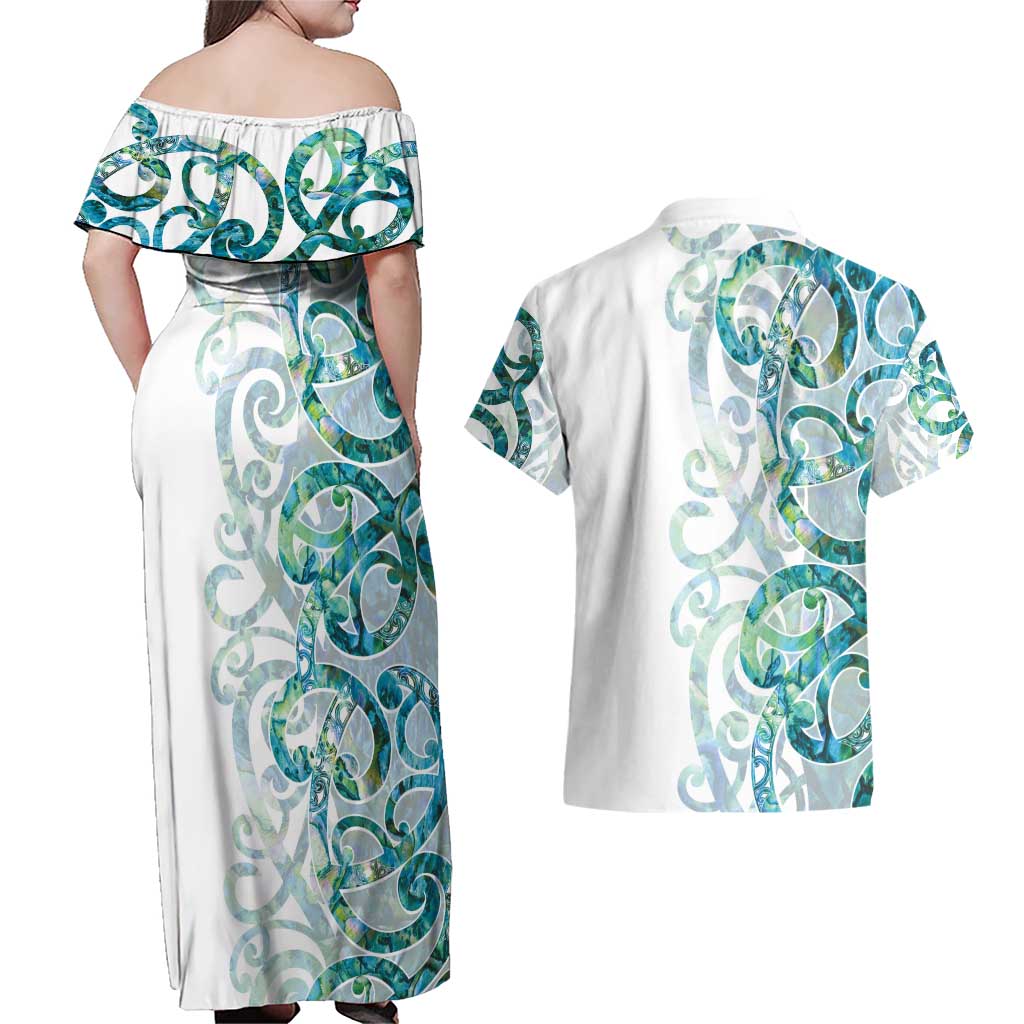 Paua Shell Maori Couples Matching Off Shoulder Maxi Dress and Hawaiian Shirt Koru Kowhaiwhai - Polynesian Pride