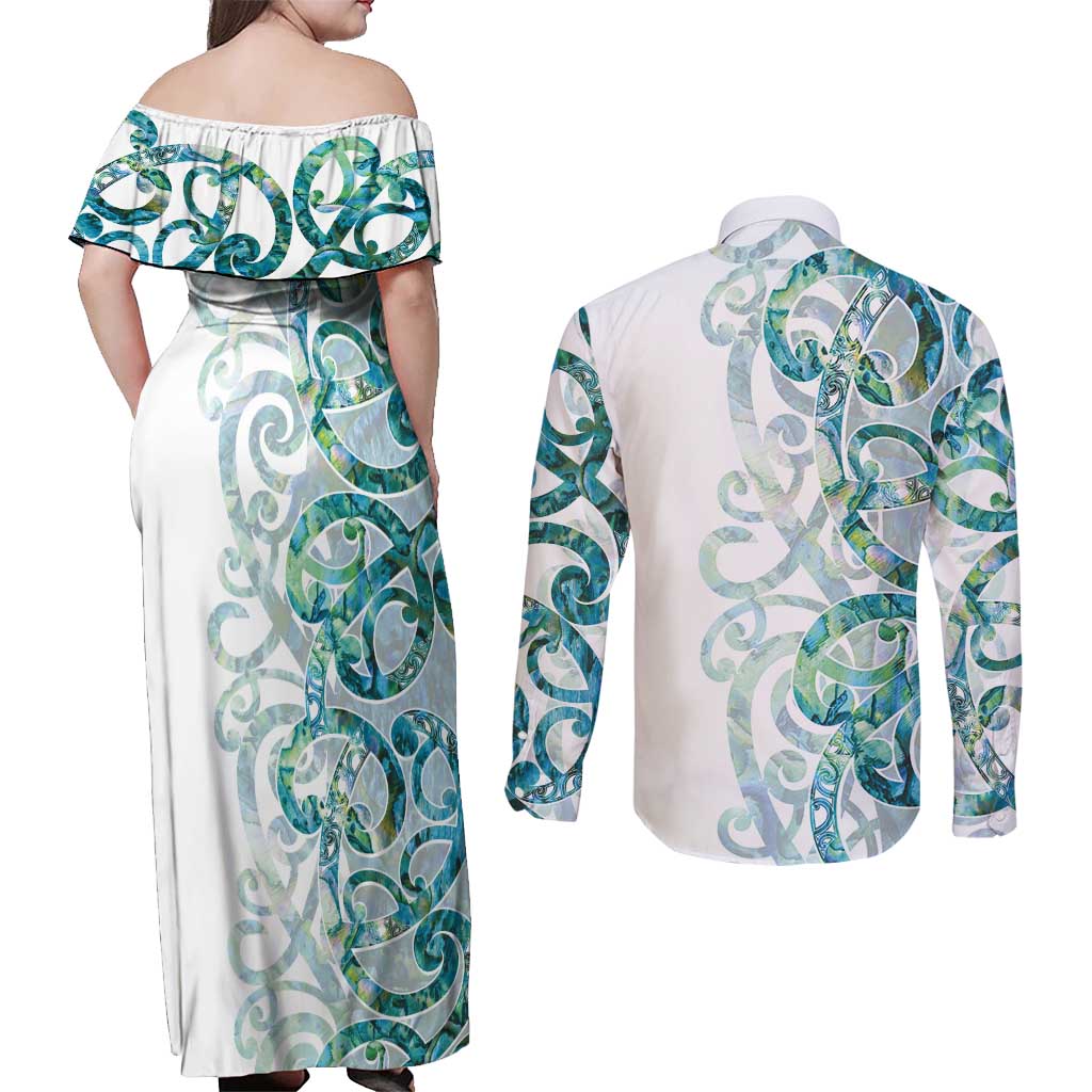 Paua Shell Maori Couples Matching Off Shoulder Maxi Dress and Long Sleeve Button Shirt Koru Kowhaiwhai - Polynesian Pride