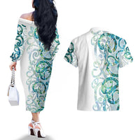 Paua Shell Maori Couples Matching Off The Shoulder Long Sleeve Dress and Hawaiian Shirt Koru Kowhaiwhai - Polynesian Pride