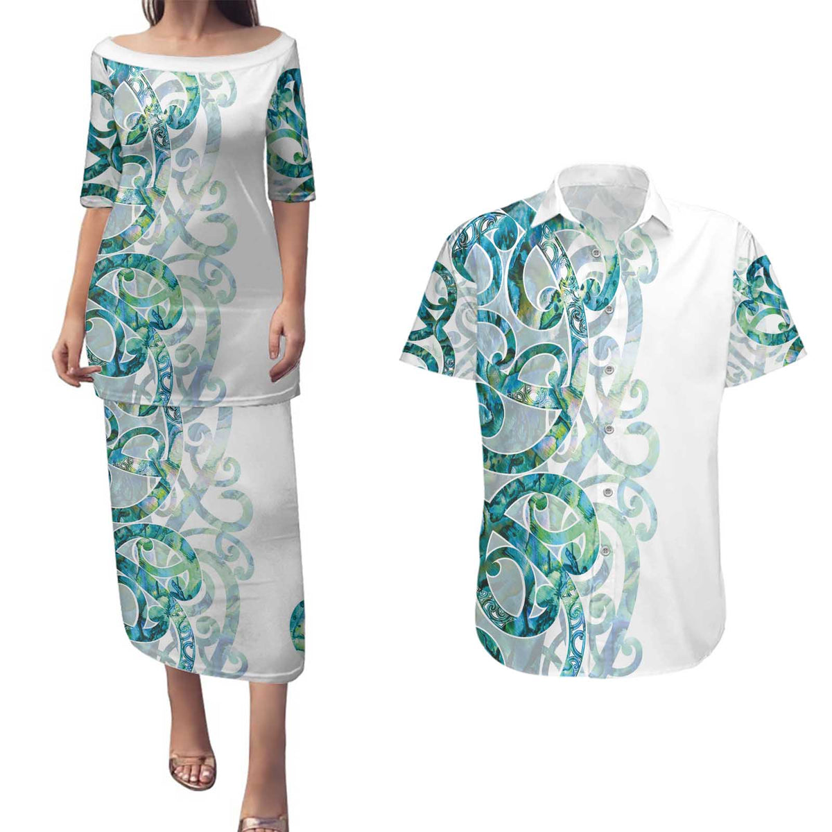 Paua Shell Maori Couples Matching Puletasi and Hawaiian Shirt Koru Kowhaiwhai - Polynesian Pride