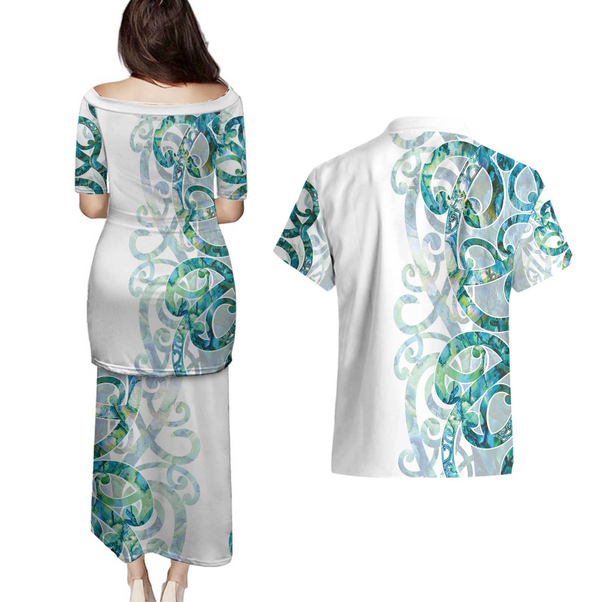 Paua Shell Maori Couples Matching Puletasi and Hawaiian Shirt Koru Kowhaiwhai - Polynesian Pride