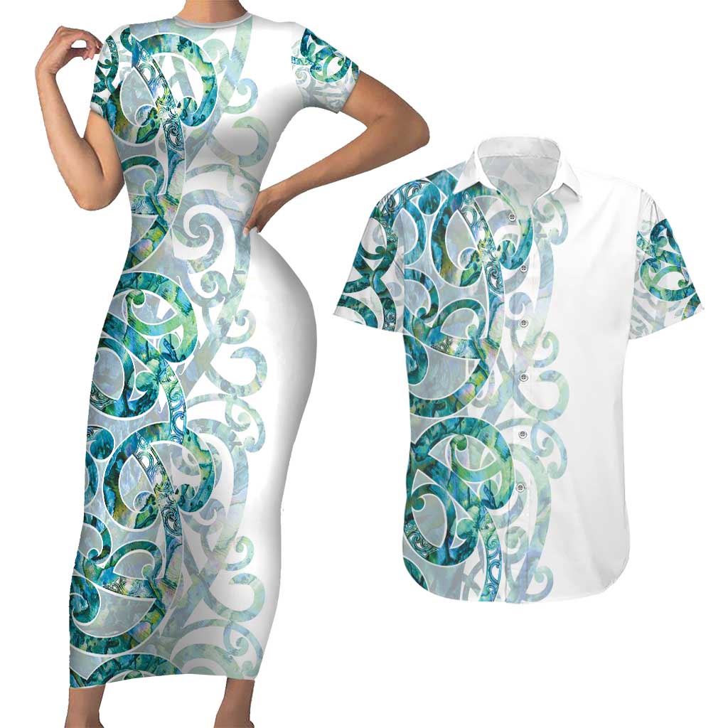 Paua Shell Maori Couples Matching Short Sleeve Bodycon Dress and Hawaiian Shirt Koru Kowhaiwhai - Polynesian Pride