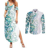 Paua Shell Maori Couples Matching Summer Maxi Dress and Long Sleeve Button Shirt Koru Kowhaiwhai - Polynesian Pride