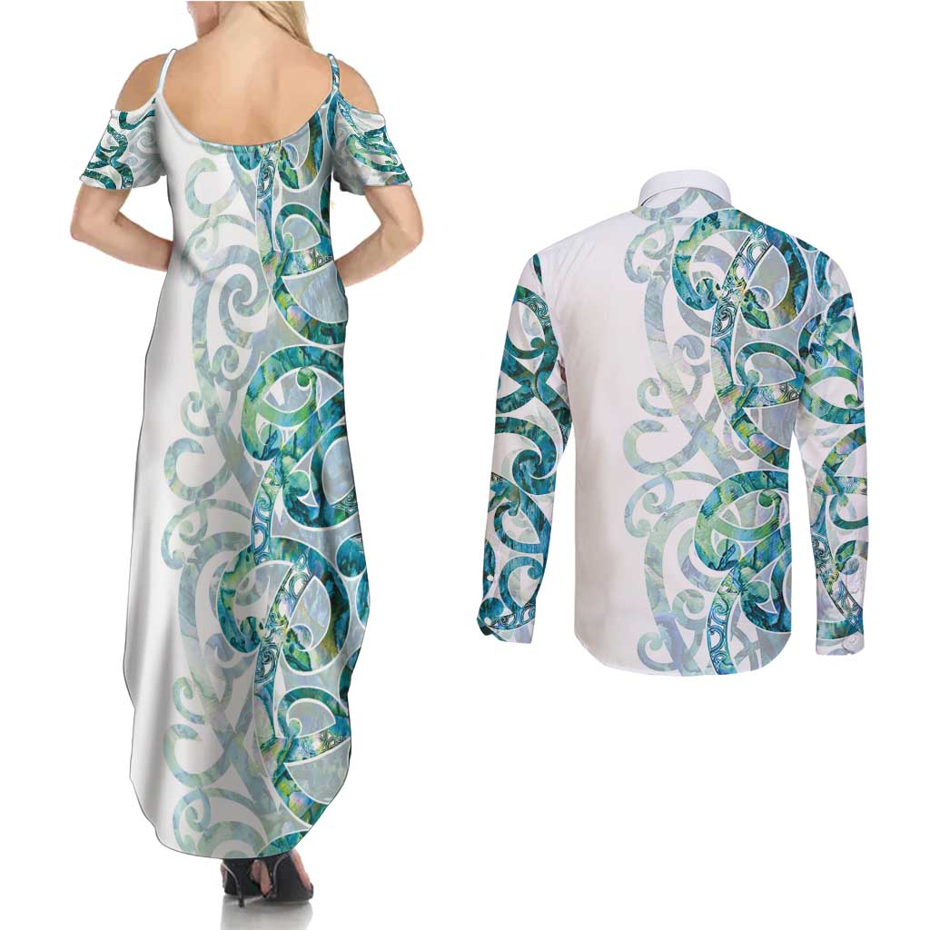 Paua Shell Maori Couples Matching Summer Maxi Dress and Long Sleeve Button Shirt Koru Kowhaiwhai - Polynesian Pride