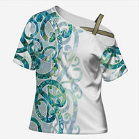 Paua Shell Maori Cross Shoulder Shirt Koru Kowhaiwhai - Polynesian Pride