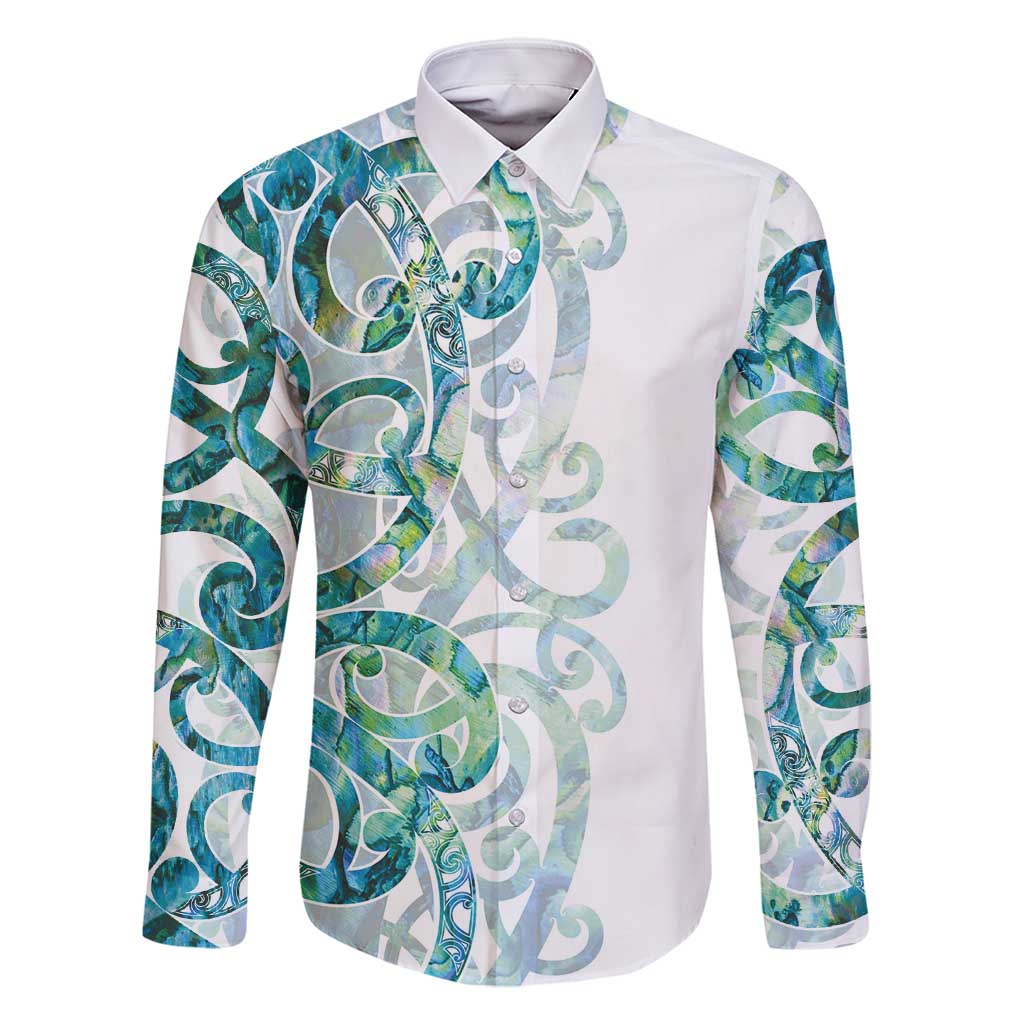 Paua Shell Maori Family Matching Long Sleeve Bodycon Dress and Hawaiian Shirt Koru Kowhaiwhai LT7 Dad's Shirt - Long Sleeve White - Polynesian Pride