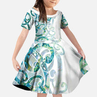 Paua Shell Maori Family Matching Off The Shoulder Long Sleeve Dress and Hawaiian Shirt Koru Kowhaiwhai LT7 Daughter's Dress White - Polynesian Pride
