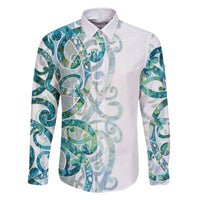 Paua Shell Maori Family Matching Off The Shoulder Long Sleeve Dress and Hawaiian Shirt Koru Kowhaiwhai LT7 Dad's Shirt - Long Sleeve White - Polynesian Pride