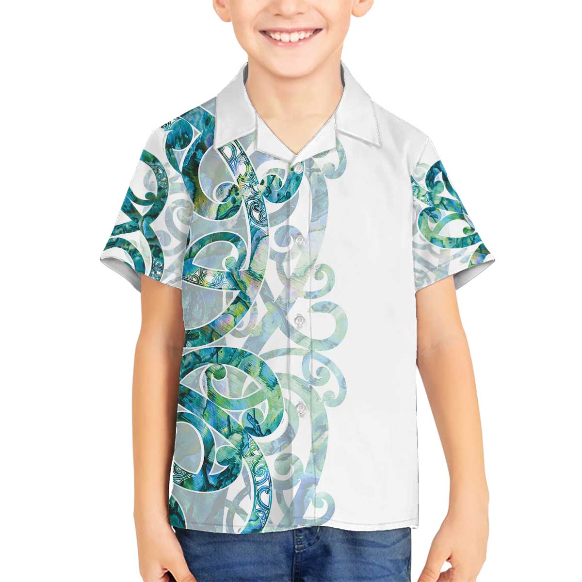 Paua Shell Maori Family Matching Off The Shoulder Long Sleeve Dress and Hawaiian Shirt Koru Kowhaiwhai LT7 Son's Shirt White - Polynesian Pride