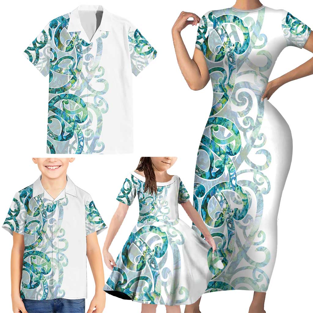 Paua Shell Maori Family Matching Short Sleeve Bodycon Dress and Hawaiian Shirt Koru Kowhaiwhai LT7 - Polynesian Pride
