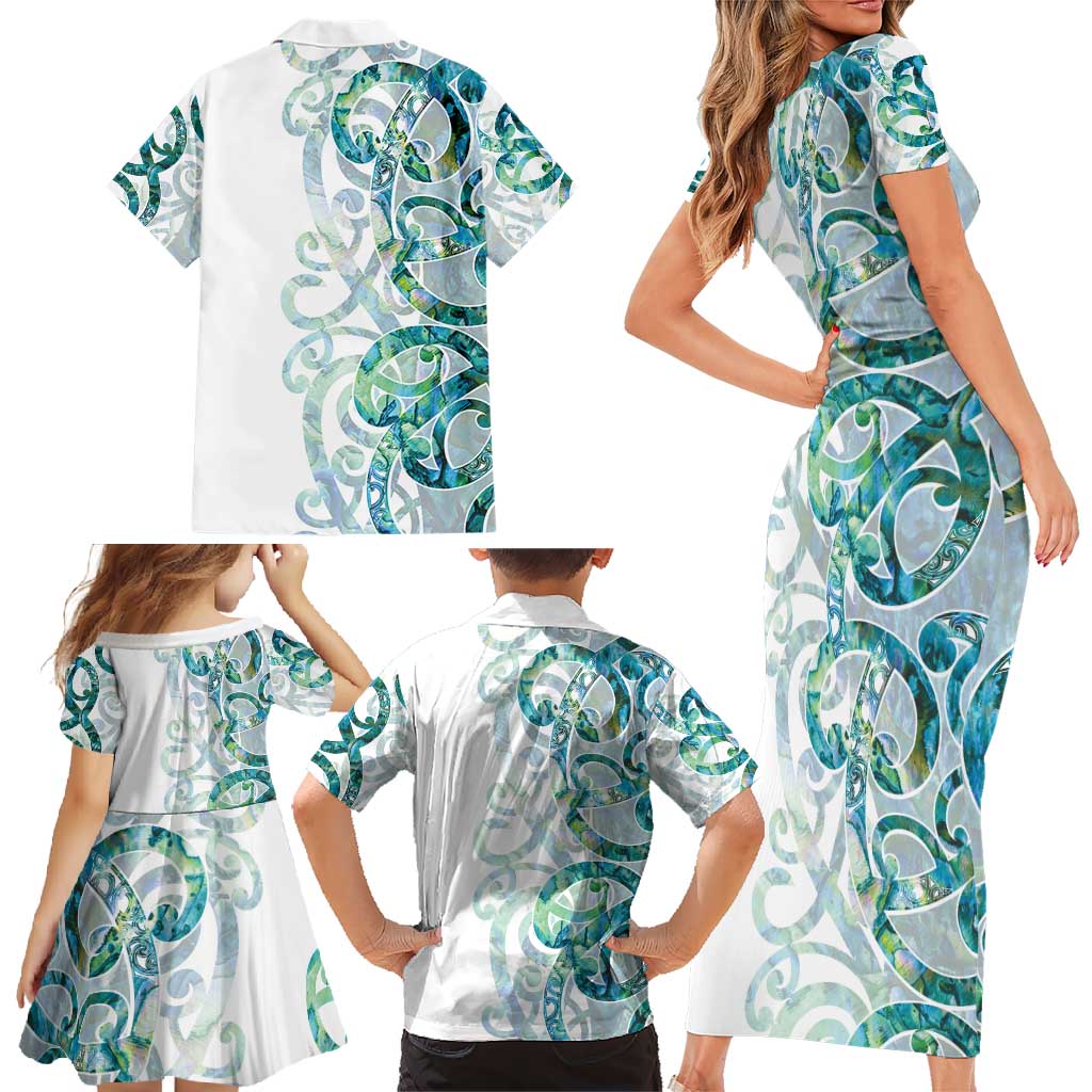 Paua Shell Maori Family Matching Short Sleeve Bodycon Dress and Hawaiian Shirt Koru Kowhaiwhai LT7 - Polynesian Pride
