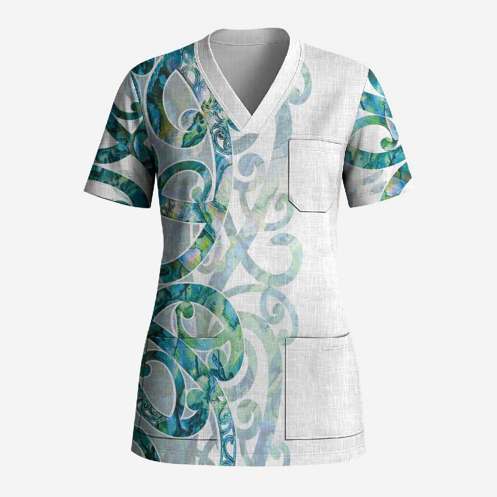 Paua Shell Maori Scrub Top - Koru Kowhaiwhai Design LT7 Adult White - Polynesian Pride