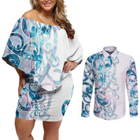 Turquoise Paua Shell Maori Couples Matching Off Shoulder Short Dress and Long Sleeve Button Shirt Koru Kowhaiwhai - Polynesian Pride