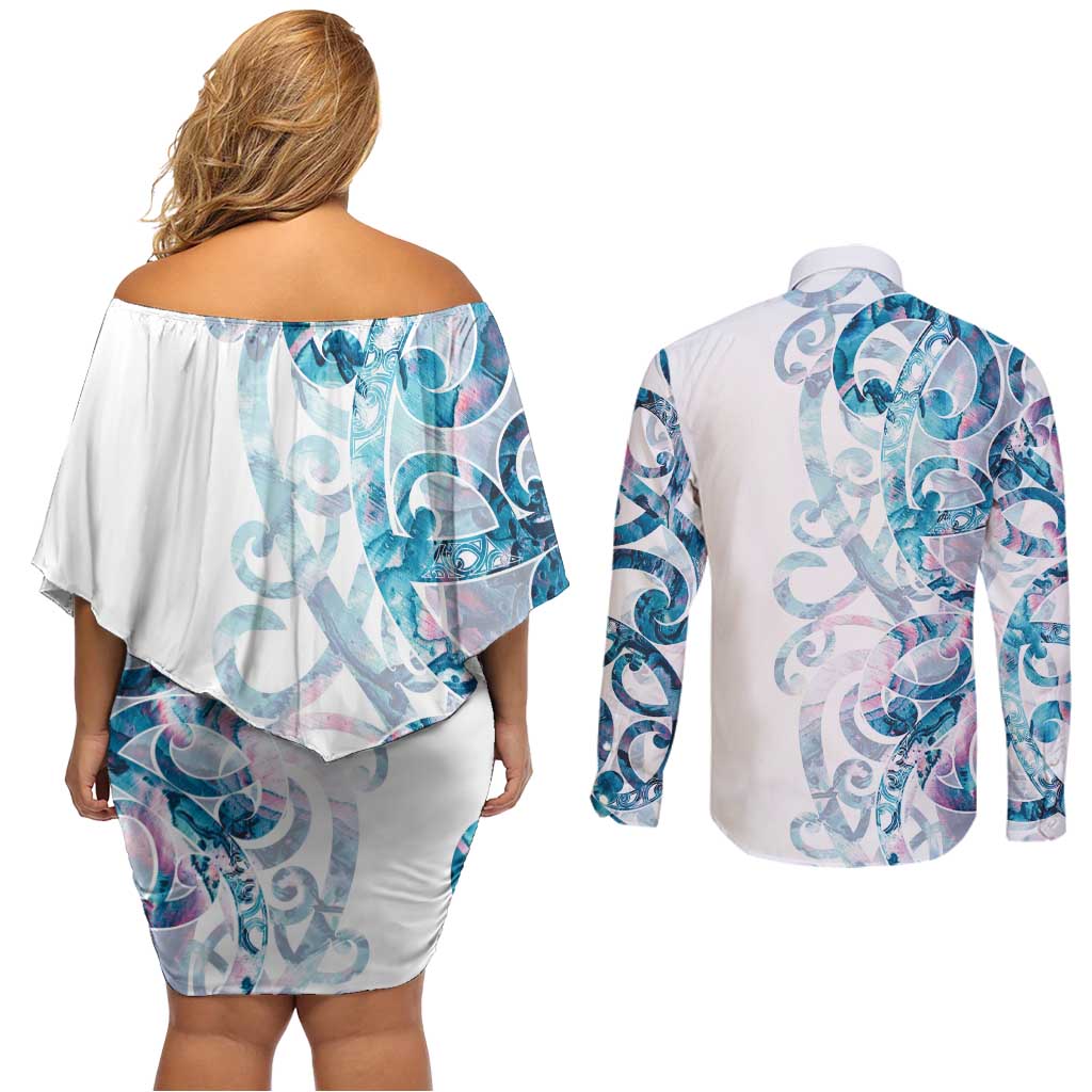 Turquoise Paua Shell Maori Couples Matching Off Shoulder Short Dress and Long Sleeve Button Shirt Koru Kowhaiwhai - Polynesian Pride