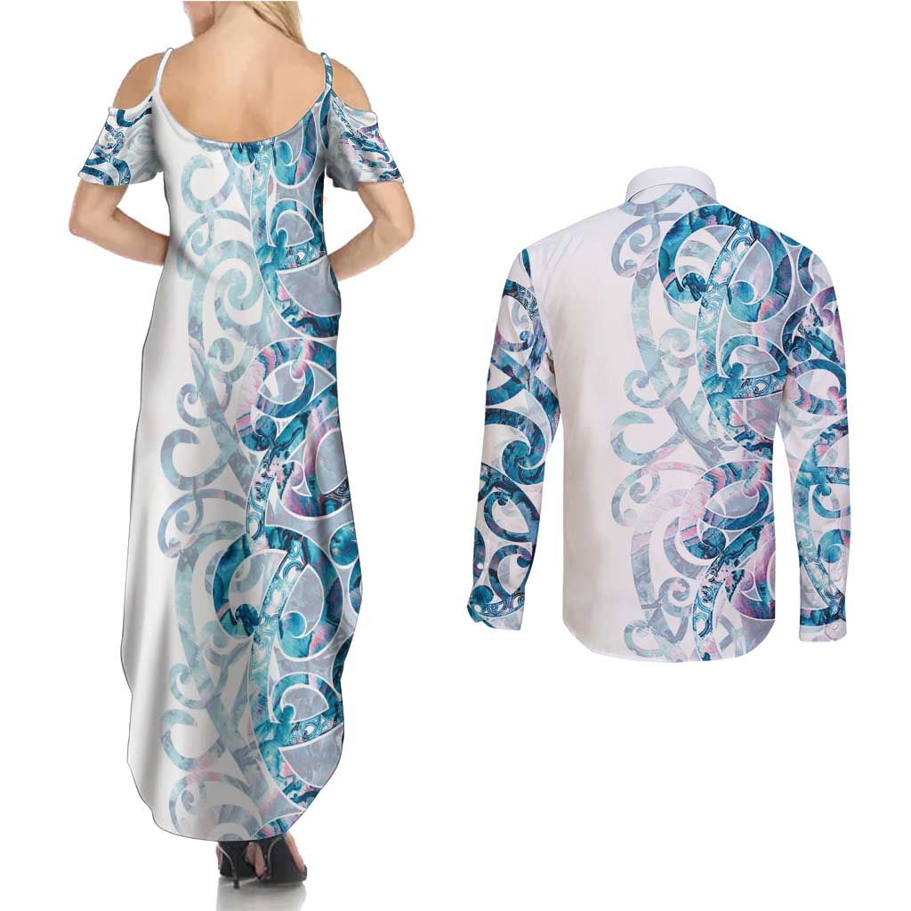 Turquoise Paua Shell Maori Couples Matching Summer Maxi Dress and Long Sleeve Button Shirt Koru Kowhaiwhai - Polynesian Pride