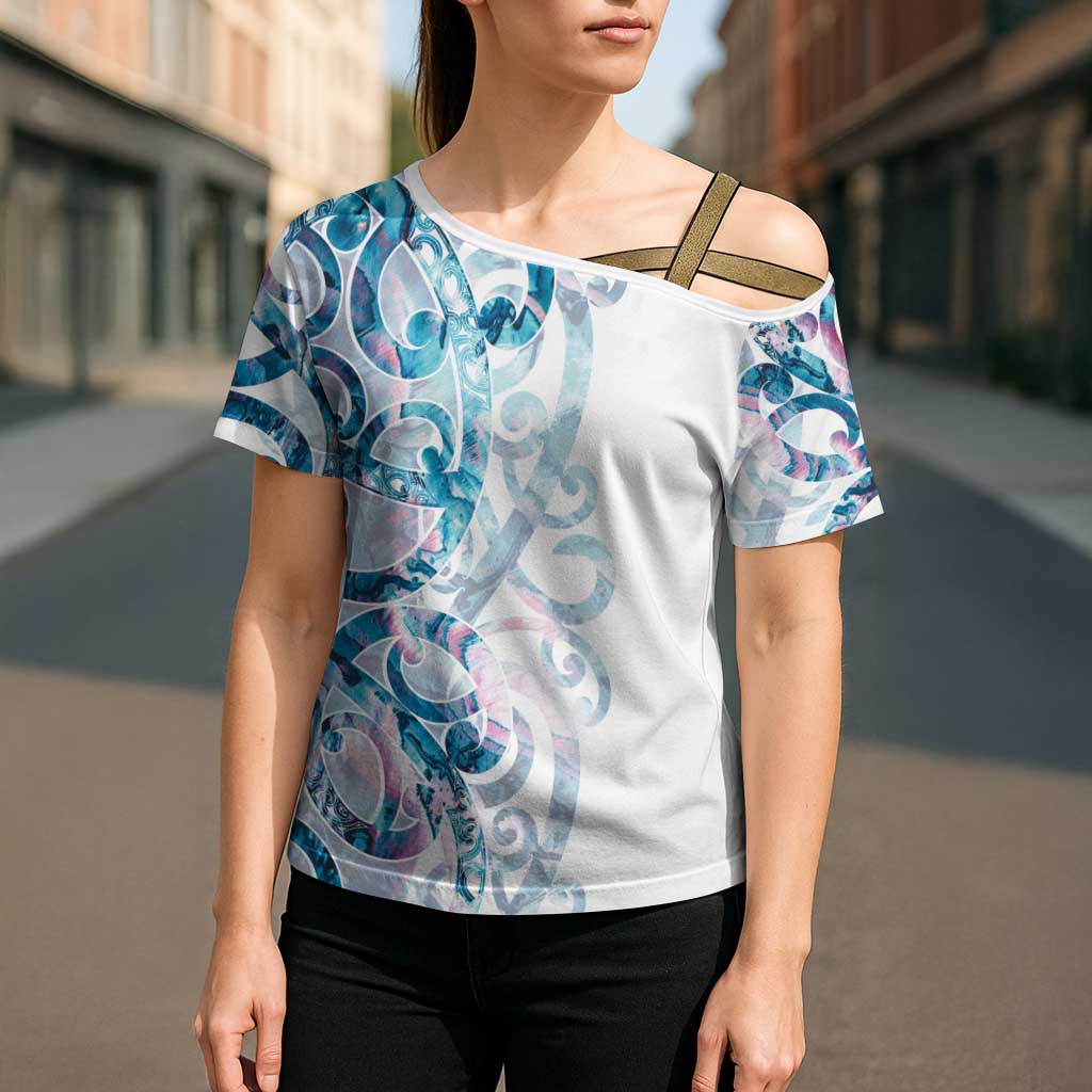 Turquoise Paua Shell Maori Cross Shoulder Shirt Koru Kowhaiwhai - Polynesian Pride