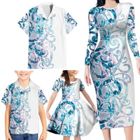 Turquoise Paua Shell Maori Family Matching Long Sleeve Bodycon Dress and Hawaiian Shirt Koru Kowhaiwhai LT7 - Polynesian Pride