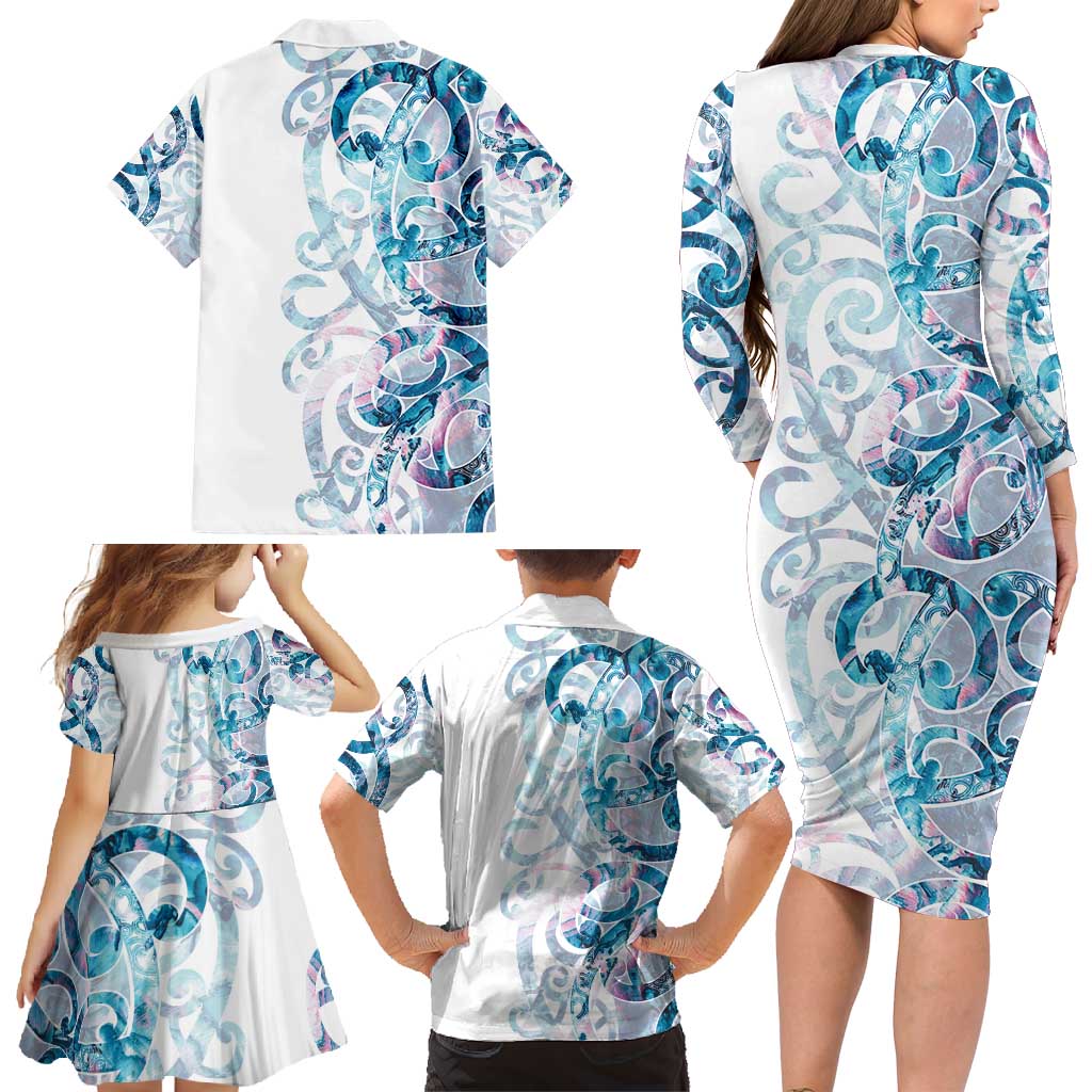 Turquoise Paua Shell Maori Family Matching Long Sleeve Bodycon Dress and Hawaiian Shirt Koru Kowhaiwhai LT7 - Polynesian Pride
