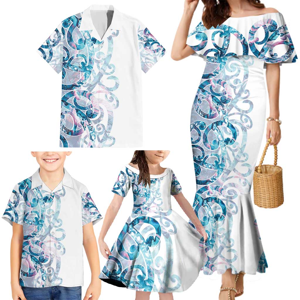 Turquoise Paua Shell Maori Family Matching Mermaid Dress and Hawaiian Shirt Koru Kowhaiwhai LT7 - Polynesian Pride