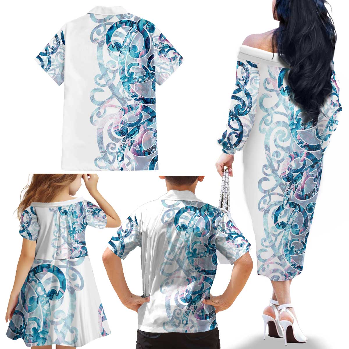 Turquoise Paua Shell Maori Family Matching Off The Shoulder Long Sleeve Dress and Hawaiian Shirt Koru Kowhaiwhai LT7 - Polynesian Pride
