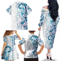 Turquoise Paua Shell Maori Family Matching Off The Shoulder Long Sleeve Dress and Hawaiian Shirt Koru Kowhaiwhai LT7 - Polynesian Pride
