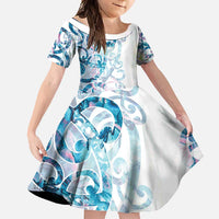 Turquoise Paua Shell Maori Family Matching Off Shoulder Maxi Dress and Hawaiian Shirt Koru Kowhaiwhai LT7 Daughter's Dress White - Polynesian Pride