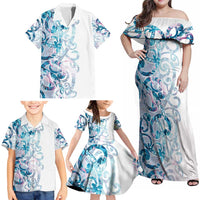 Turquoise Paua Shell Maori Family Matching Off Shoulder Maxi Dress and Hawaiian Shirt Koru Kowhaiwhai LT7 - Polynesian Pride
