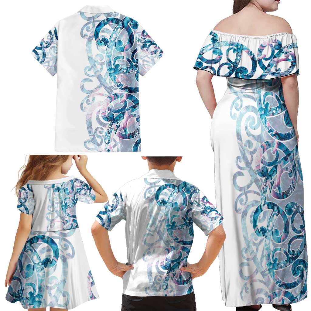 Turquoise Paua Shell Maori Family Matching Off Shoulder Maxi Dress and Hawaiian Shirt Koru Kowhaiwhai LT7 - Polynesian Pride