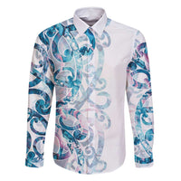 Turquoise Paua Shell Maori Family Matching Off Shoulder Maxi Dress and Hawaiian Shirt Koru Kowhaiwhai LT7 Dad's Shirt - Long Sleeve White - Polynesian Pride