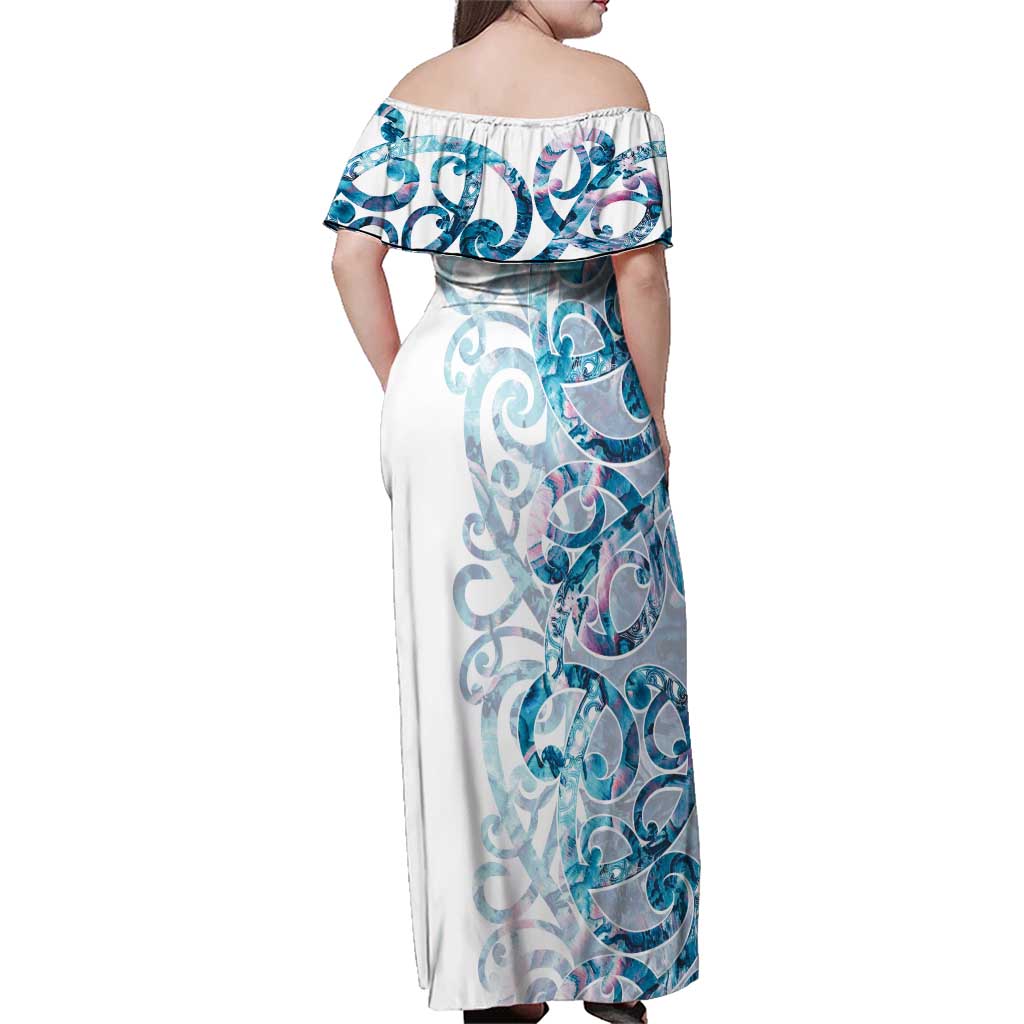 Turquoise Paua Shell Maori Family Matching Off Shoulder Maxi Dress and Hawaiian Shirt Koru Kowhaiwhai LT7 - Polynesian Pride