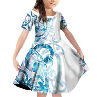 Turquoise Paua Shell Maori Family Matching Off Shoulder Short Dress and Hawaiian Shirt Koru Kowhaiwhai LT7 Daughter's Dress White - Polynesian Pride