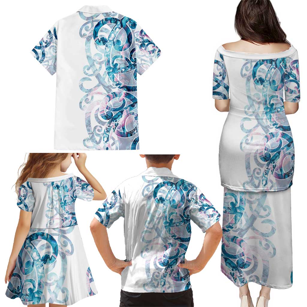 Turquoise Paua Shell Maori Family Matching Puletasi and Hawaiian Shirt Koru Kowhaiwhai - Polynesian Pride