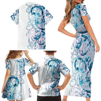 Turquoise Paua Shell Maori Family Matching Short Sleeve Bodycon Dress and Hawaiian Shirt Koru Kowhaiwhai LT7 - Polynesian Pride