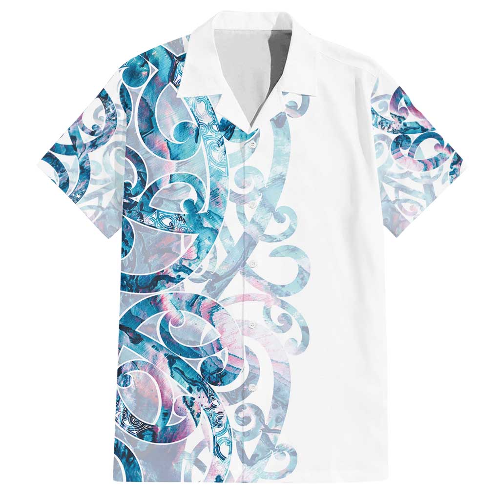 Turquoise Paua Shell Maori Family Matching Summer Maxi Dress and Hawaiian Shirt Koru Kowhaiwhai LT7 Dad's Shirt - Short Sleeve White - Polynesian Pride