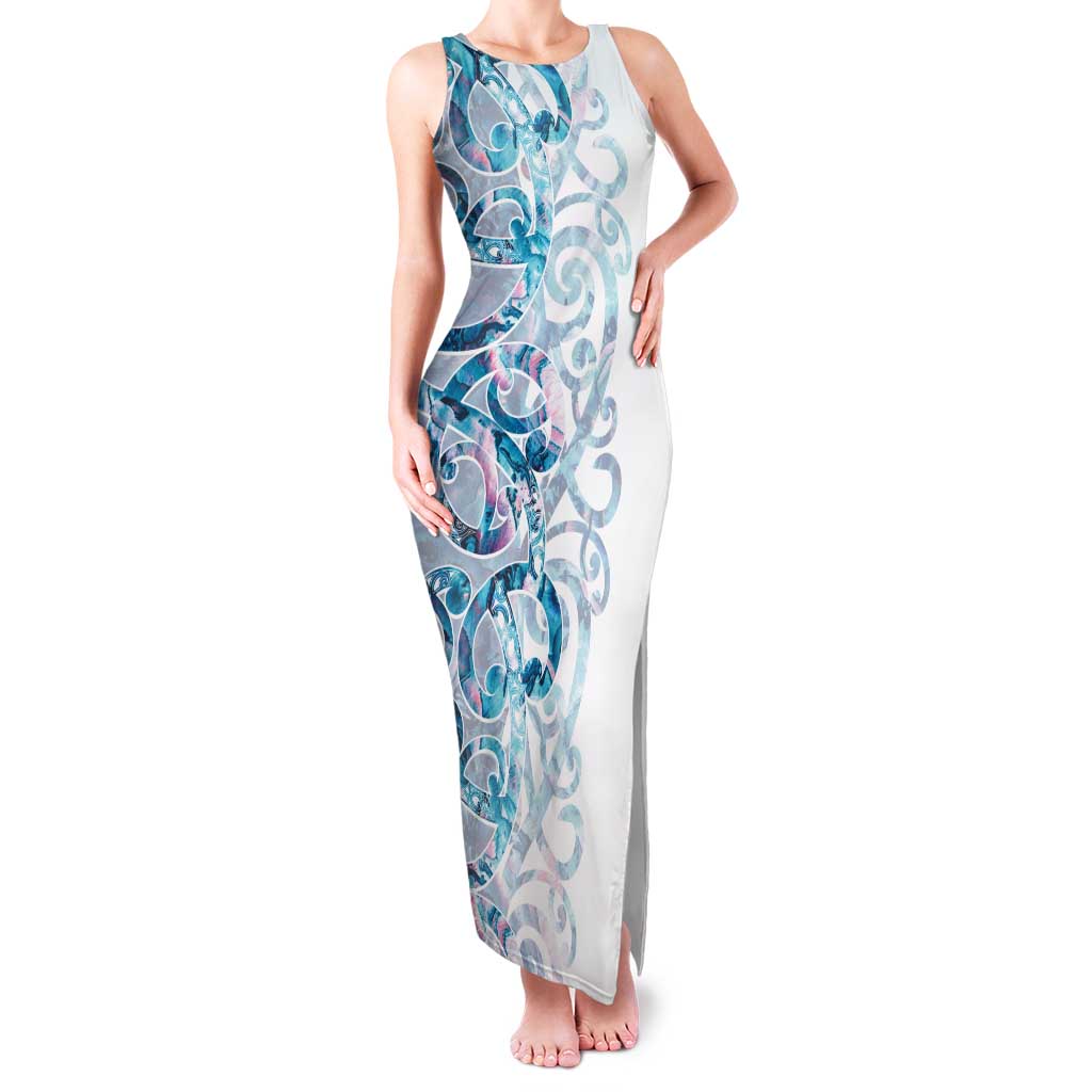Turquoise Paua Shell Maori Family Matching Tank Maxi Dress and Hawaiian Shirt Koru Kowhaiwhai LT7 Mom's Dress White - Polynesian Pride