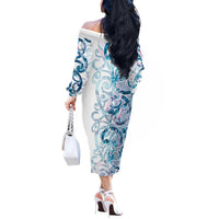 Turquoise Paua Shell Maori Off The Shoulder Long Sleeve Dress Koru Kowhaiwhai - Polynesian Pride