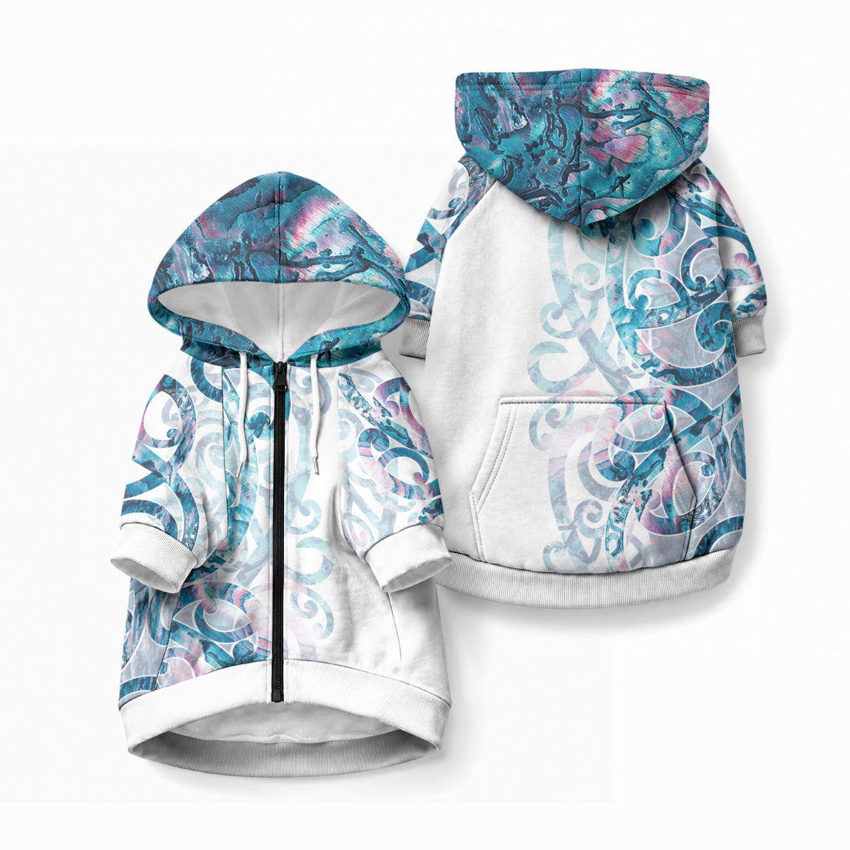 Turquoise Paua Shell Maori Pet Hoodie Koru Kowhaiwhai LT7 Zip-up White - Polynesian Pride