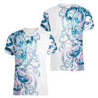 Turquoise Paua Shell Maori Women V-Neck T-Shirt Koru Kowhaiwhai - Polynesian Pride