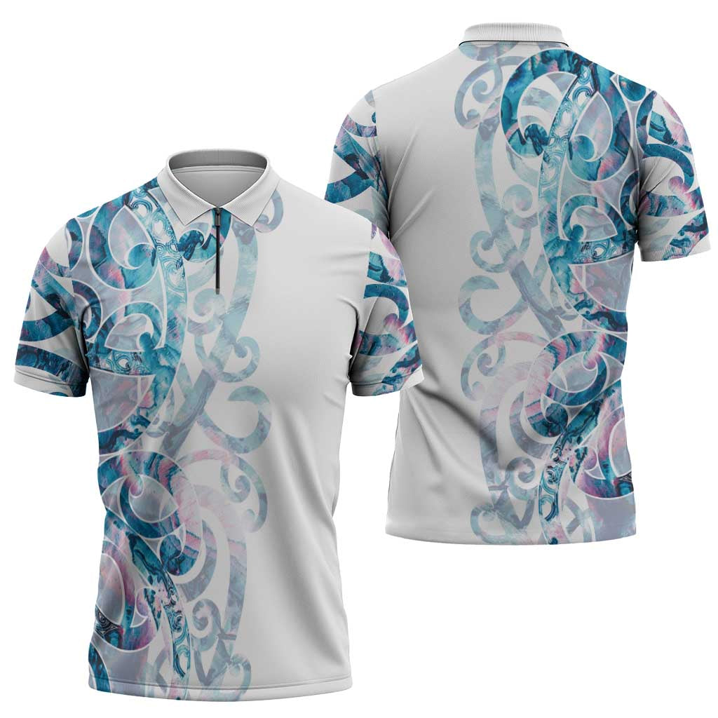 Turquoise Paua Shell Maori Zipper Polo Shirt Koru Kowhaiwhai - Polynesian Pride
