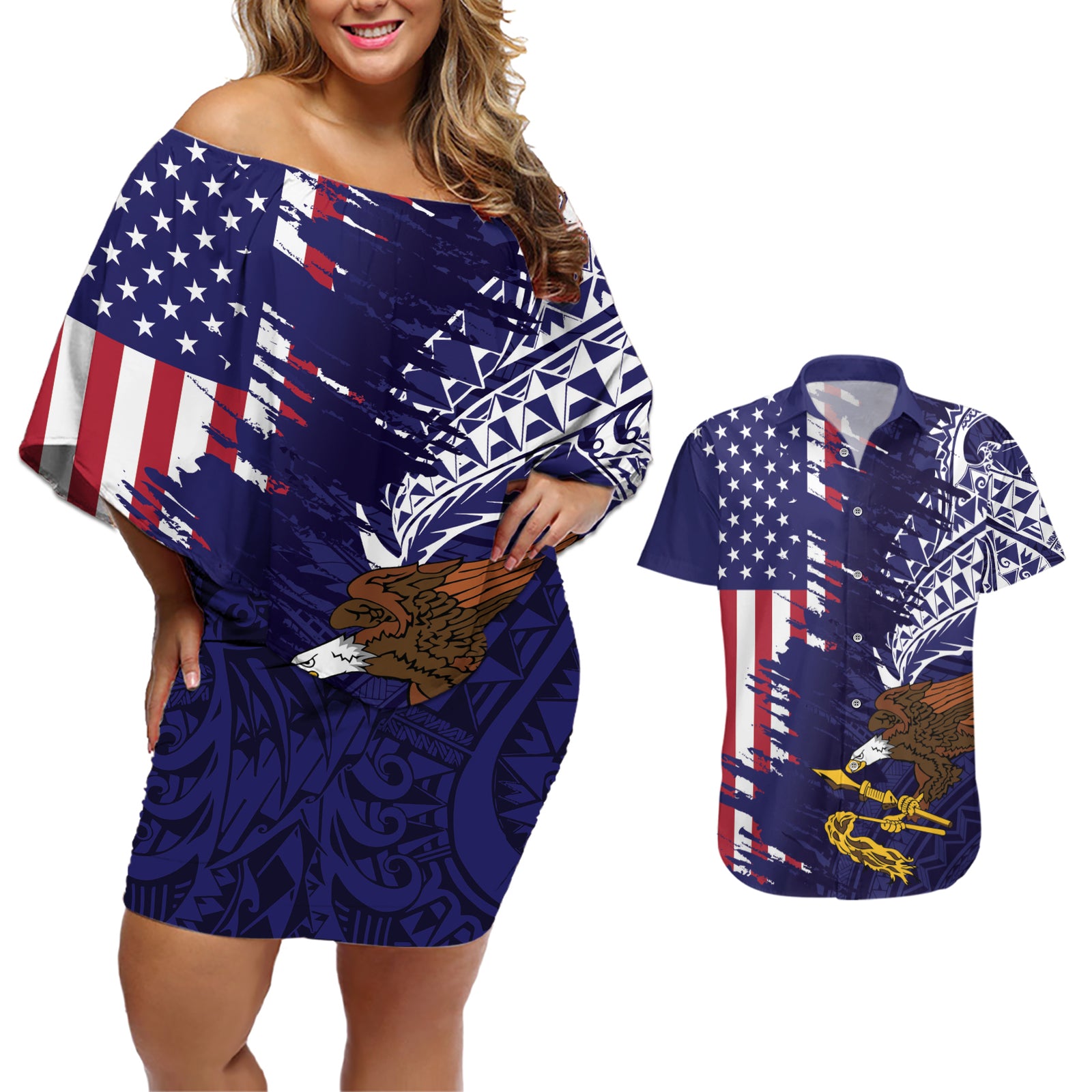 American Samoa Mix US Couples Matching Off Shoulder Short Dress and Hawaiian Shirt Flag Day Grunge Style LT7 Blue - Polynesian Pride
