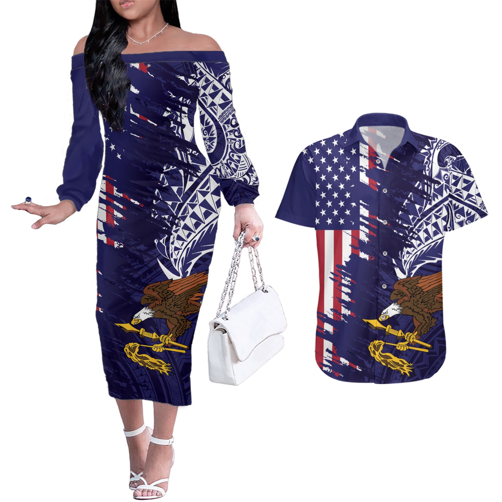 American Samoa Mix US Couples Matching Off The Shoulder Long Sleeve Dress and Hawaiian Shirt Flag Day Grunge Style LT7 Blue - Polynesian Pride