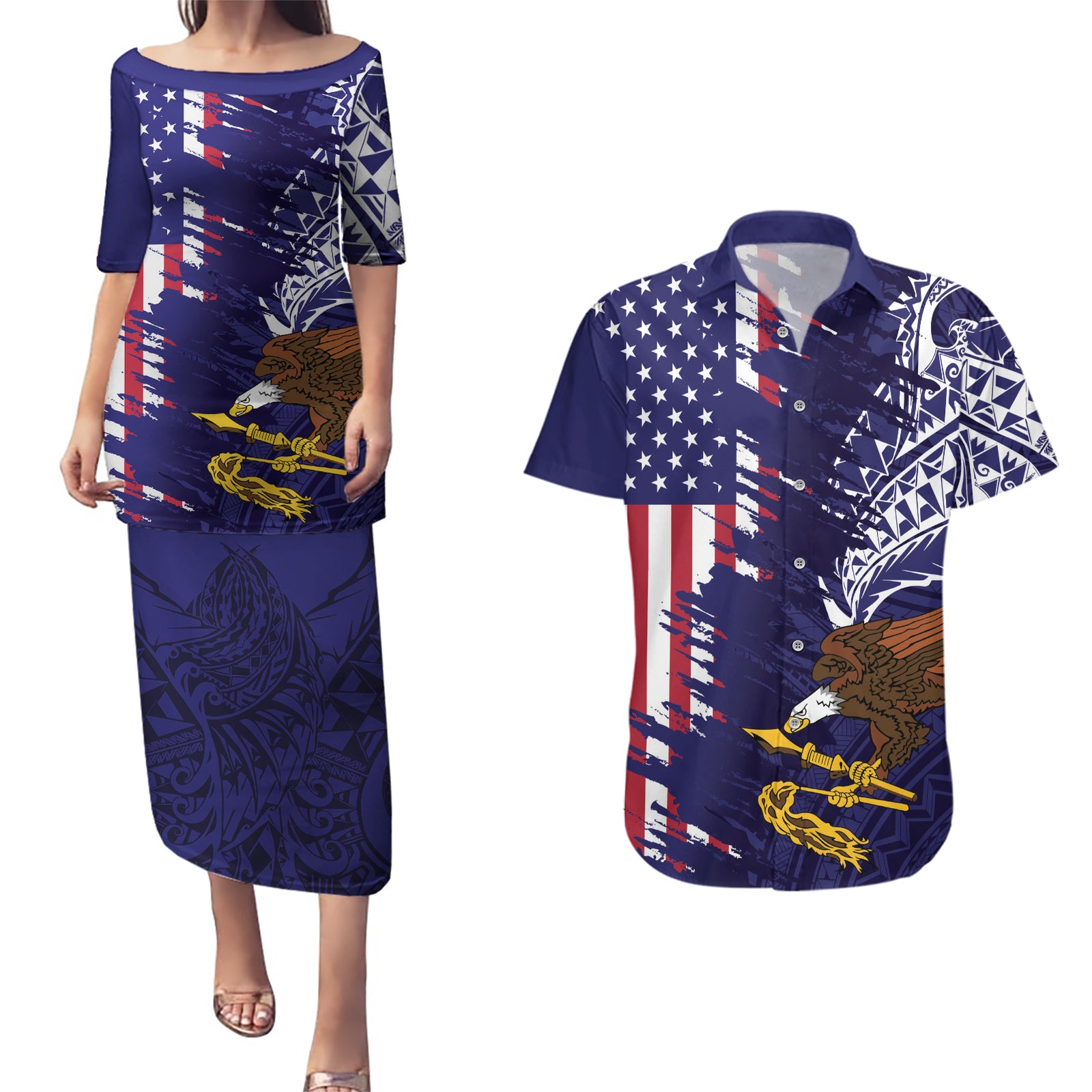 American Samoa Mix US Couples Matching Puletasi and Hawaiian Shirt Flag Day Grunge Style LT7 Blue - Polynesian Pride