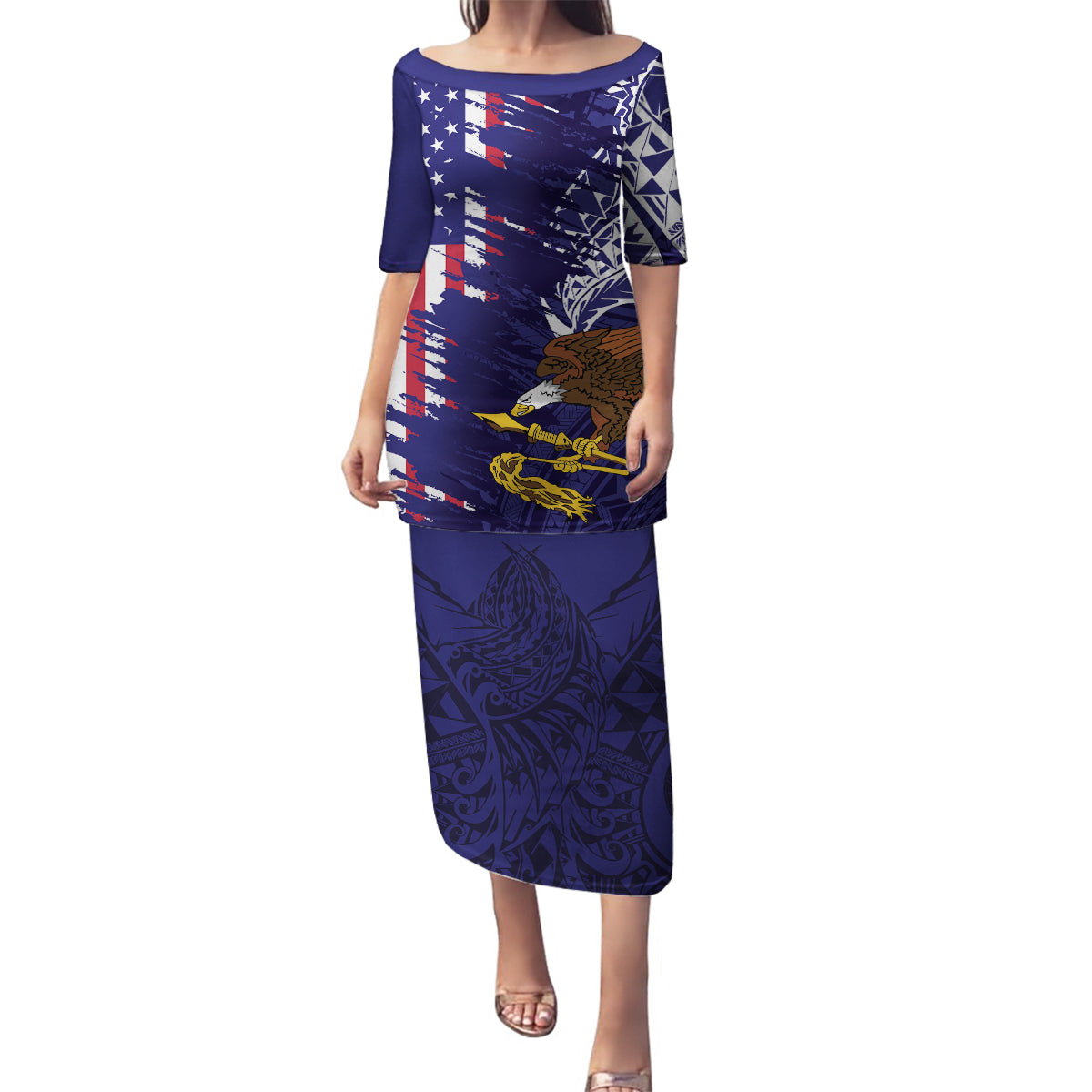American Samoa Mix US Family Matching Puletasi and Hawaiian Shirt Flag Day Grunge Style LT7 Mom's Dress Blue - Polynesian Pride