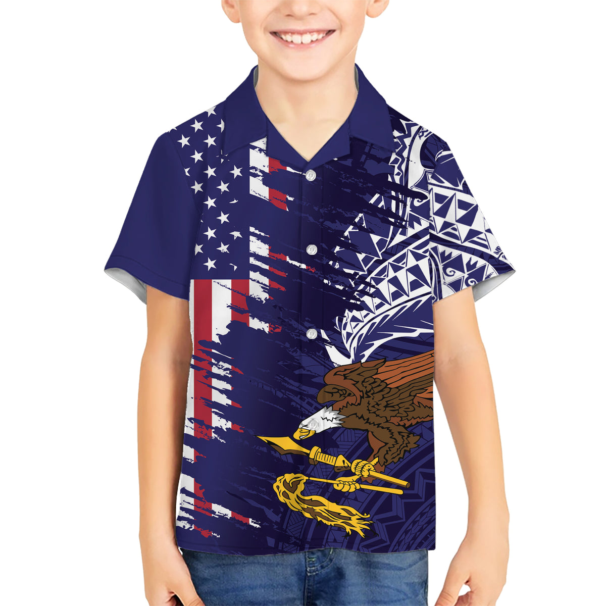 American Samoa Mix US Family Matching Short Sleeve Bodycon Dress and Hawaiian Shirt Flag Day Grunge Style LT7 Son's Shirt Blue - Polynesian Pride