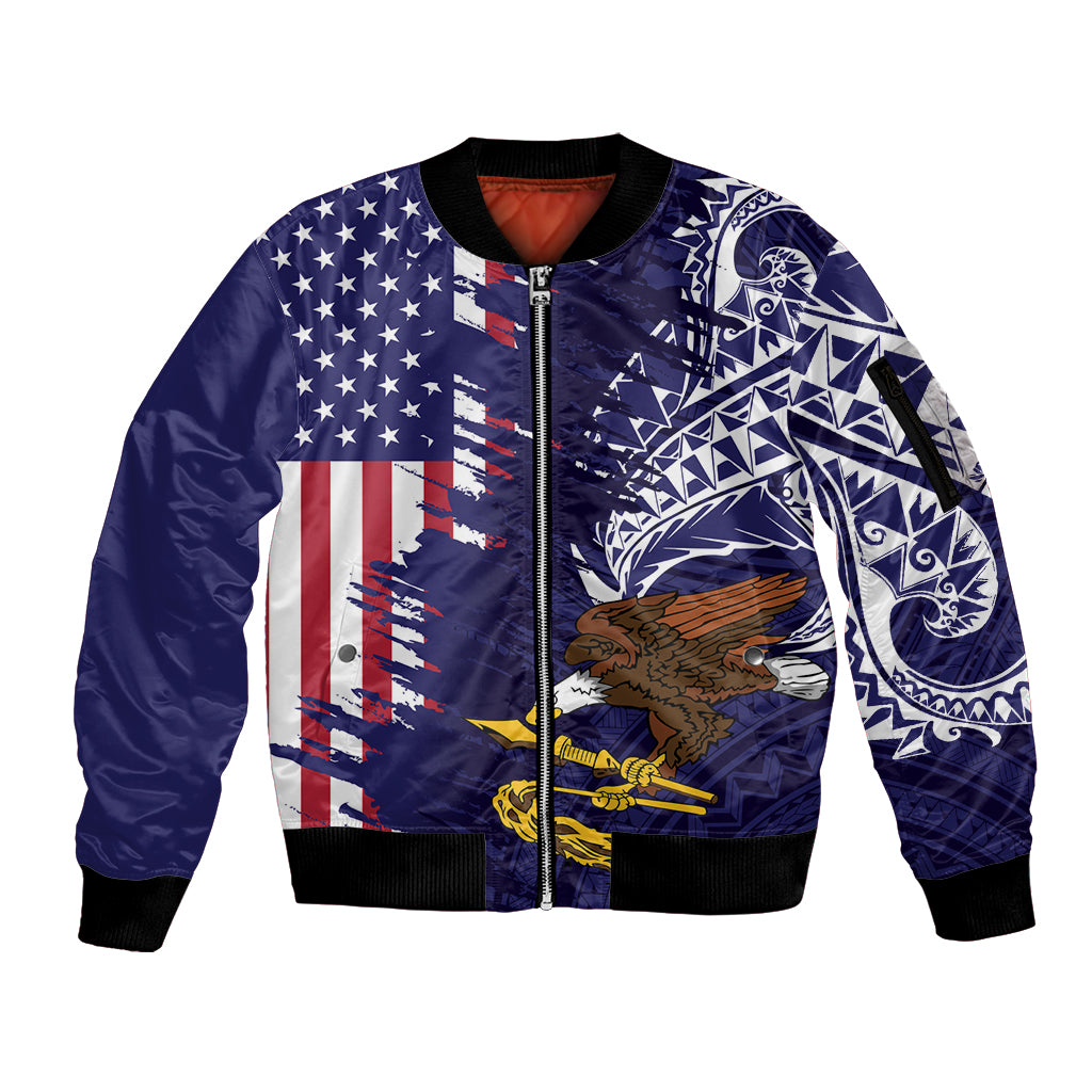 American Samoa Mix US Sleeve Zip Bomber Jacket Flag Day Grunge Style LT7 Unisex Blue - Polynesian Pride